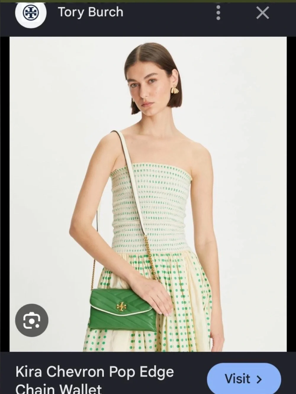 Tory Burch Green and Light Cream Kira Chevron Chain Wallet